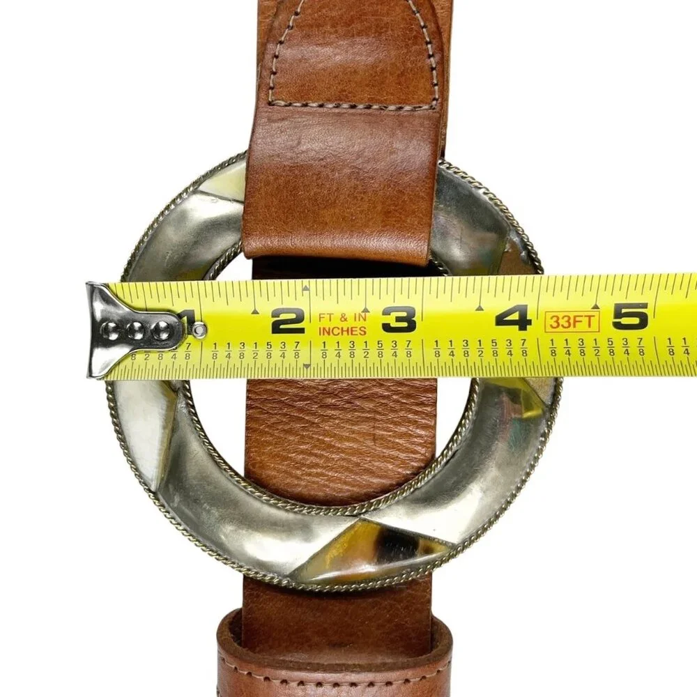 Chico's Genuine Leather Belt Size Medium Tan Statement Buckle Boho Cowgirl
